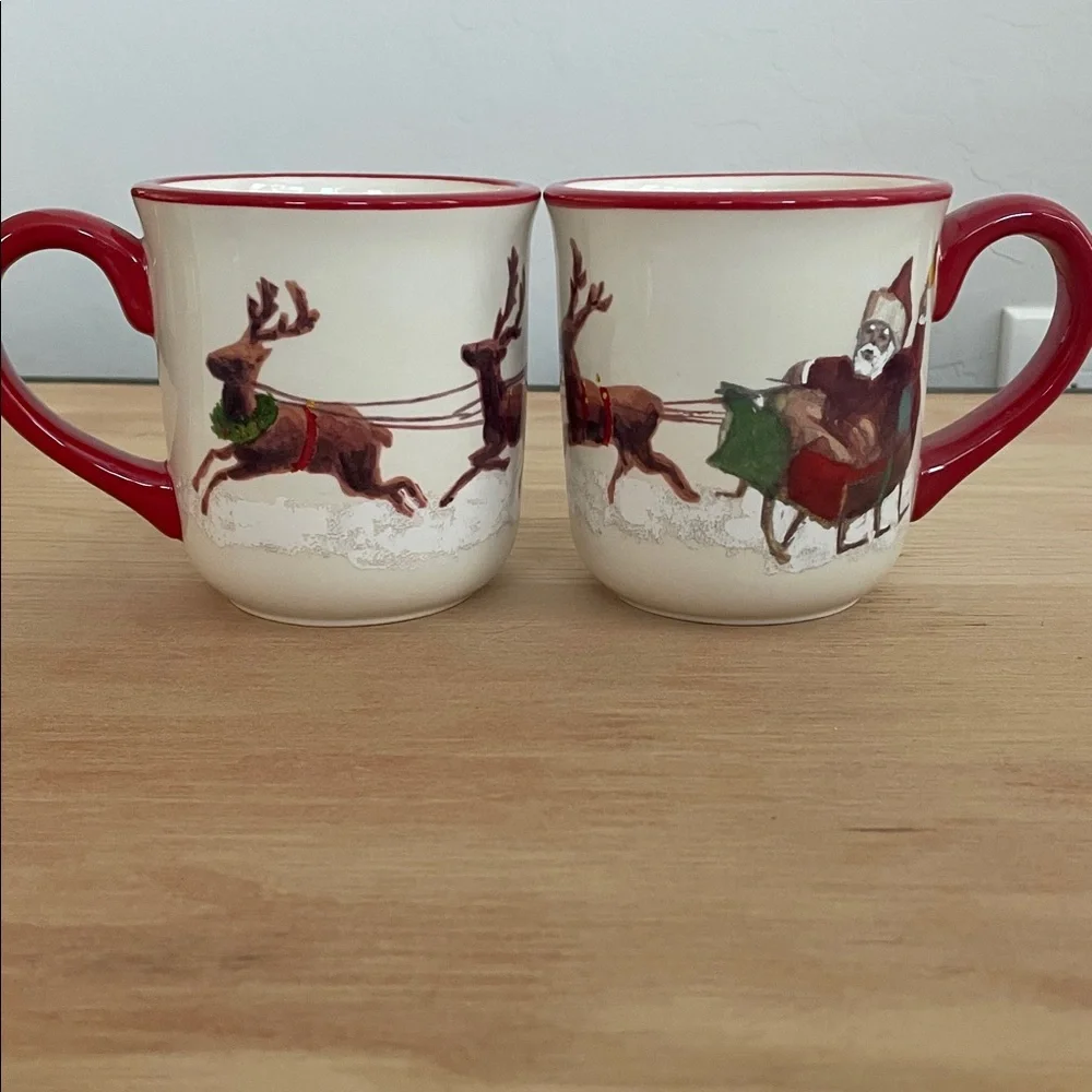 Vintage Santa & His Reindeer Williams Sonoma 2011 Ceramic Mugs